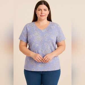 M4) Karen Scott XL Lavender Floral Top | 100% Cotton Short Sleeve Tee